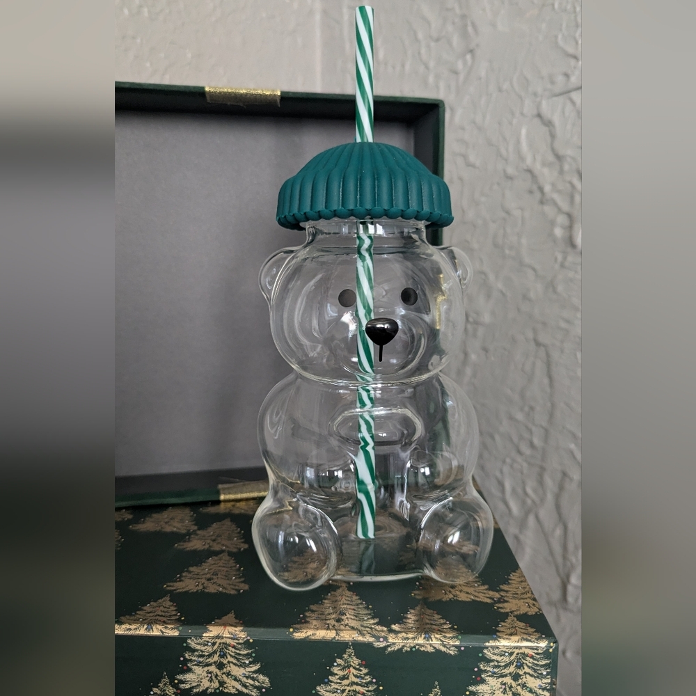 Teddy Glass Cup With Green Lid and Straw. Not Starbucks